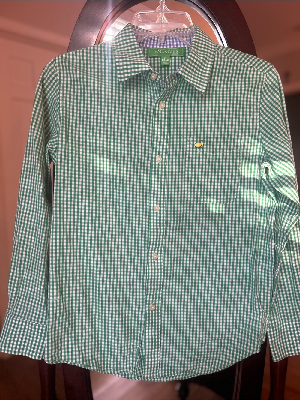 Authentic Masters Green and White Gingham Button-Down Shirt - Boys XL (12-14)
